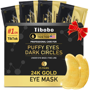 Box of 25 pairs of Tibobo 24K gold under-eye patches enriched with collagen for anti-aging and smoothing fine lines.