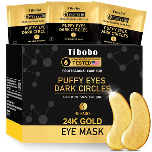 Box of 36 pairs of Tibobo 24K gold under-eye patches, vegan and USA tested for reducing dark circles and wrinkles.