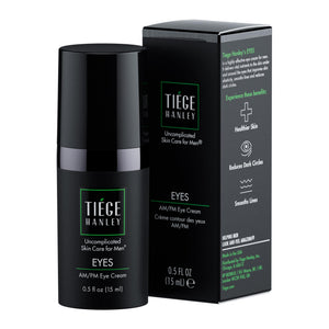 A single 0.5 oz tube of Tiege Hanley Eye Cream for Men, featuring a minimalist black design for professional male skincare.