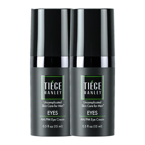 Two 0.5 oz tubes of Tiege Hanley Eye Cream for Men, a premium morning and night anti-aging treatment.