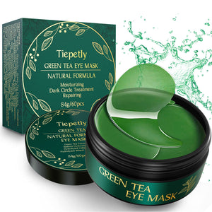 Jar of 60 green Tiepetly eye patches infused with green tea and collagen for soothing under-eye care.