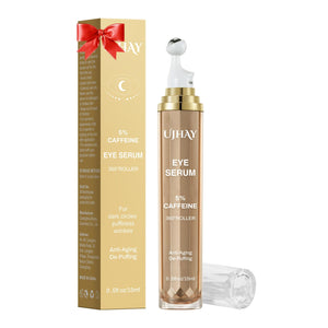 UJHAY 5% Caffeine Eye Cream roller serum bottle with 360 degree massage ball for dark circles and eye puffiness treatment.