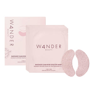 Wander Beauty Baggage Claim Rose Gold Foil Eye Masks, 6 pairs of stylish foil patches for instant eye brightening and depuffing.