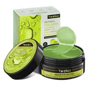 A jar of 60 Yargkos Green Under Eye Patches, featuring a soothing green tea and collagen formula for depuffing and hydration.