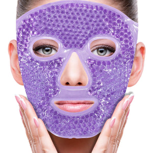 ZNÖCUETÖD blue gel full-face mask with adjustable straps, used for hot and cold therapy to reduce swelling after dental or plastic surgery.