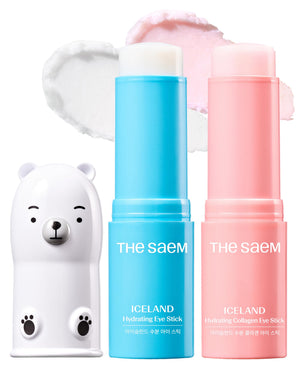theSAEM Iceland Eye Stick Bundle featuring the Blue (Hydrating) and Purple (Collagen) sticks for a complete eye brightening and anti-aging treatment.