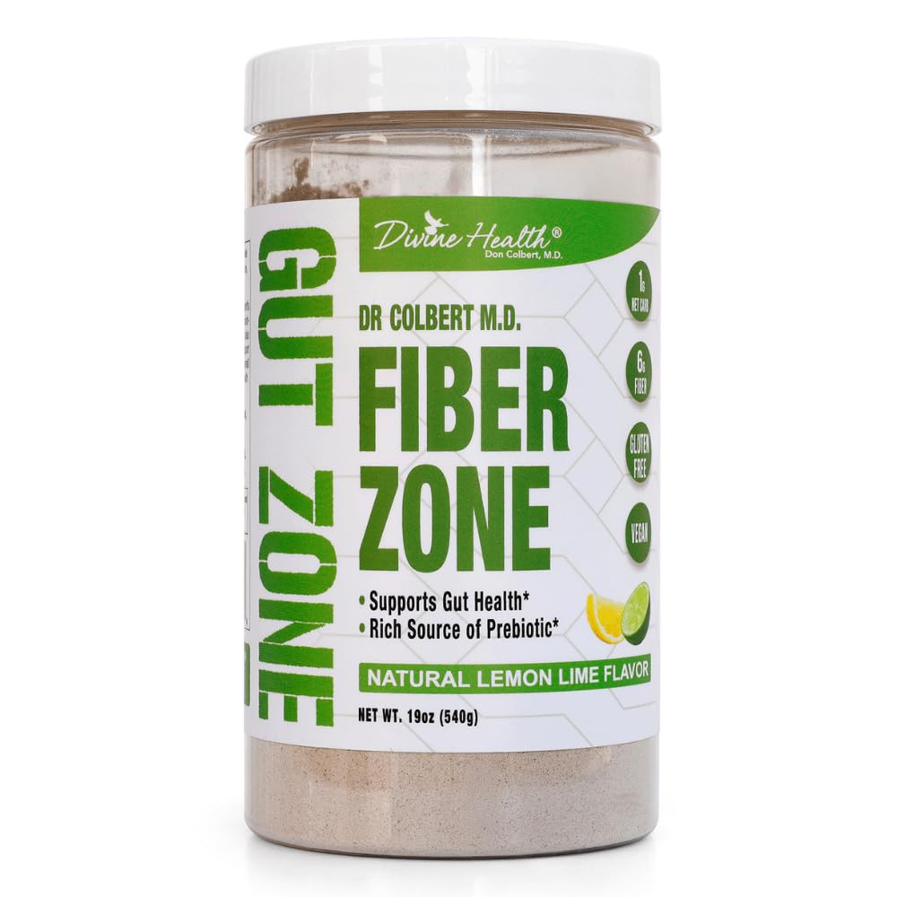Dr. Colbert, MD Fiber Zone Powder | Lemon-Lime | by Divine Health | Gut Zone | Prebiotics | 6g Fiber | Psyllium Husk & Inulin | Recommended in Keto Zone Diet | 19 oz | 60 Servings