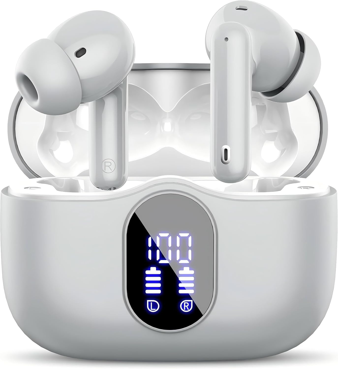Btootos Wireless Earbuds Bluetooth 5.3 Headphones Bass Stereo Ear Buds with Noise Cancelling Mic LED Display in Ear Earphones IP7 Waterproof 36H Playtime for Laptop Pad Phones Sports Graphite Gray