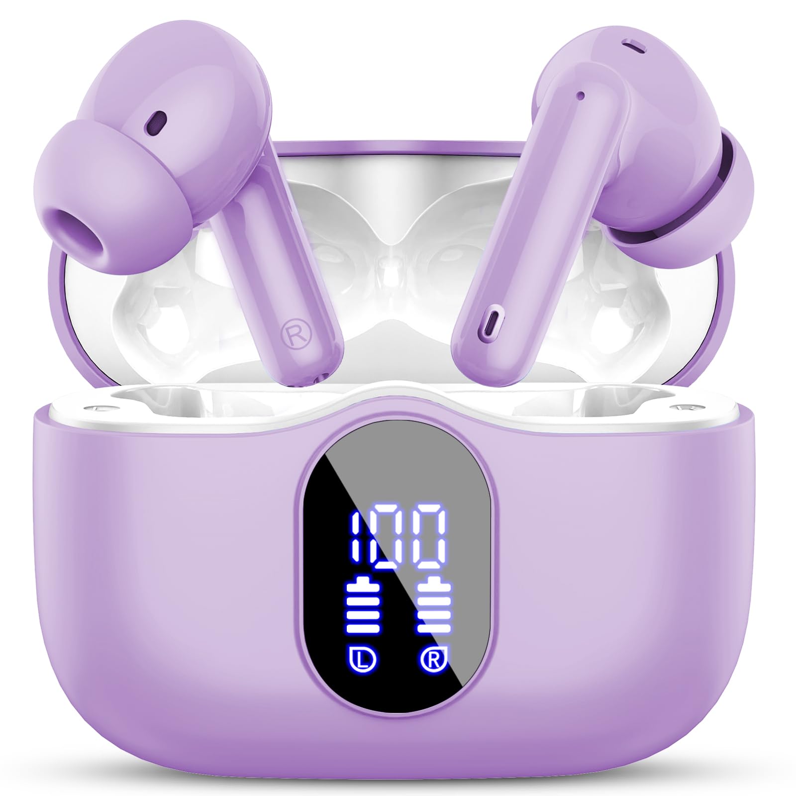 Wireless Earbuds, Bluetooth 5.4 Headphones Bass Stereo, Ear Buds with Noise Cancelling Mic, LED Display in Ear Earphones Clear Calls, IP7 Waterproof Bluetooth Earbuds for Laptop/Phones/Sports, Purple