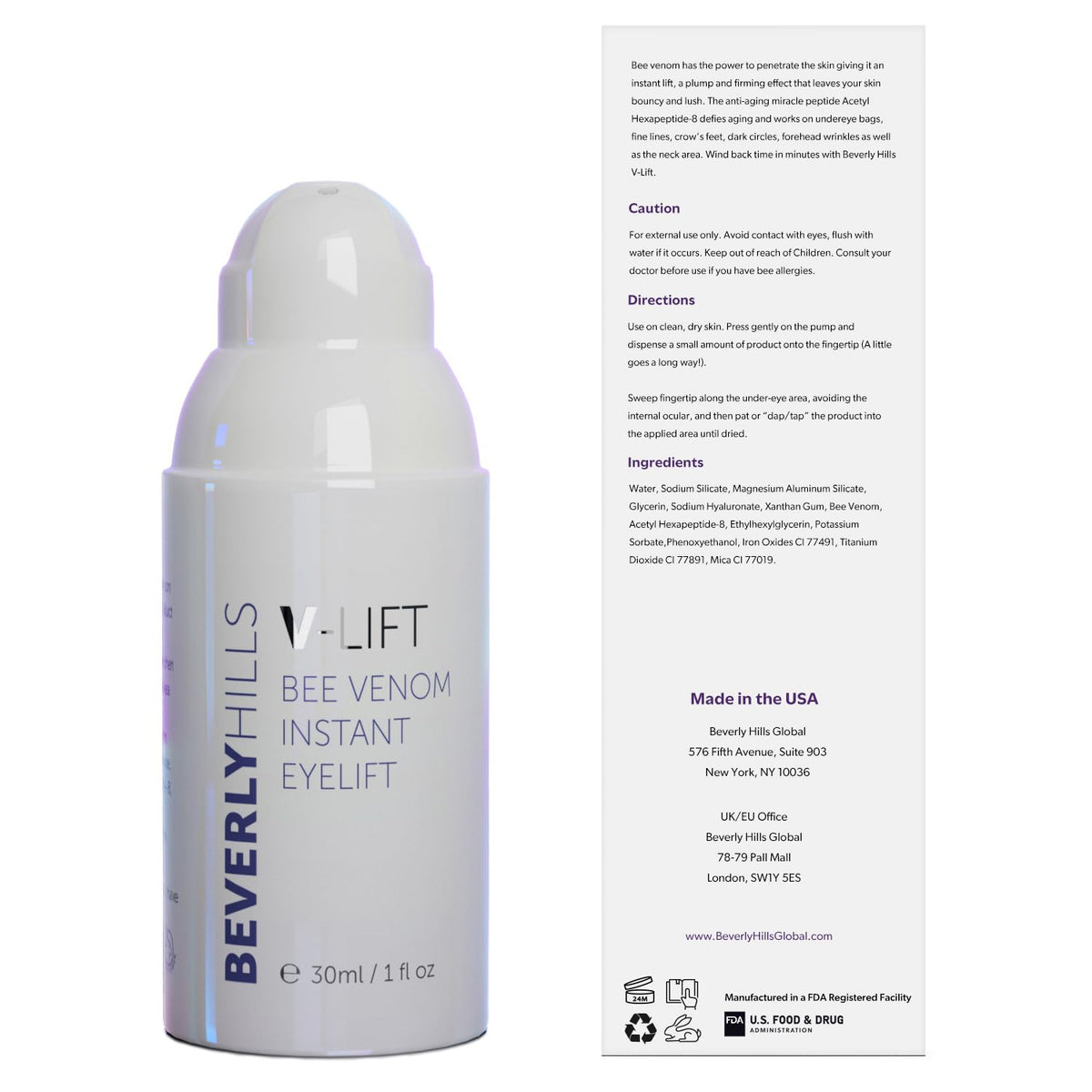 Beverly Hills V-Lift Instant Eye Lift Bee Venom Serum – Firming Eye Treatment for Puffiness, Dark Circles & Wrinkles (30mL)