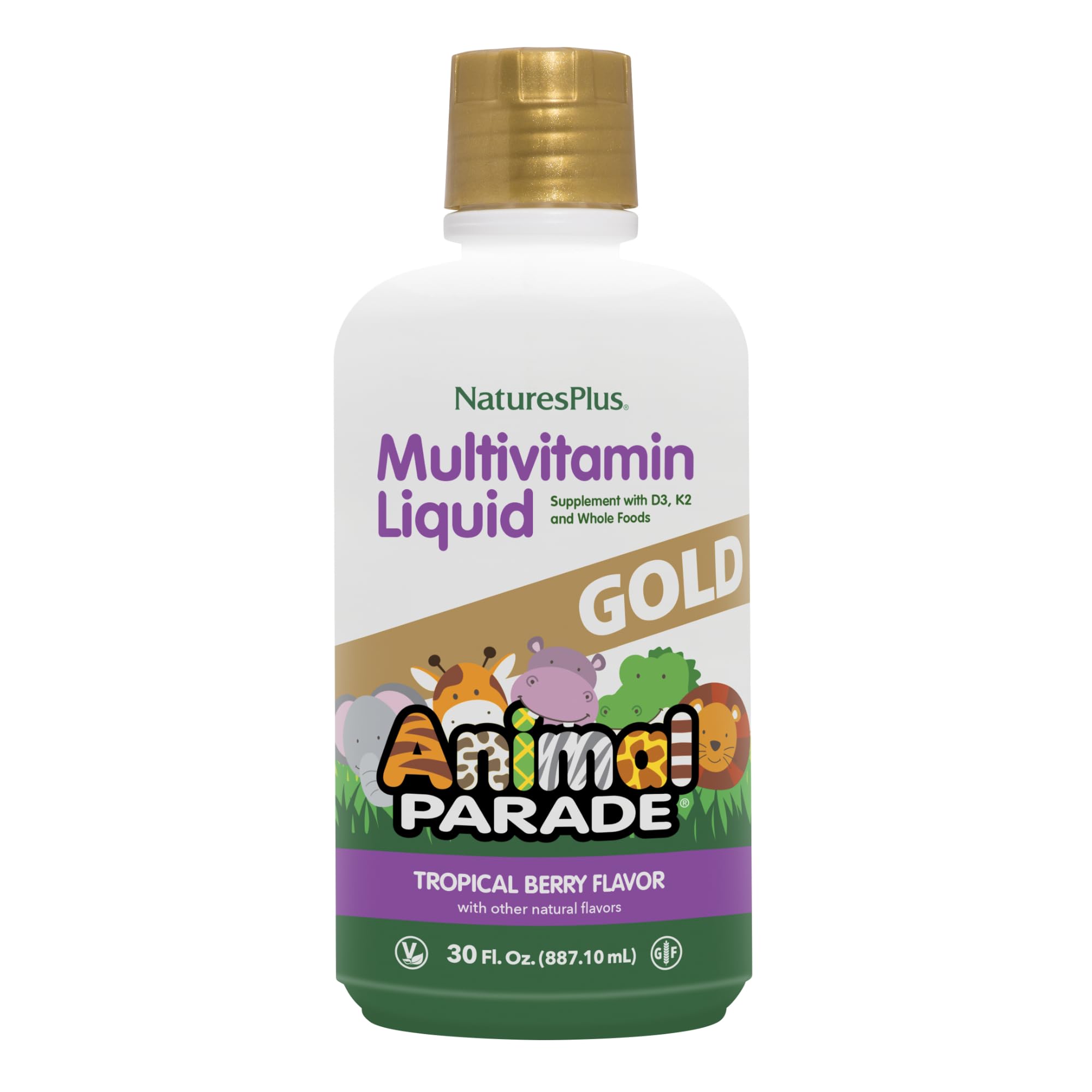 NaturesPlus Animal Parade Source of Life Gold Children's Liquid Multivitamin, 30 OZ - Natural Tropical Berry Flavor - Immune Support Supplement - Organic Whole Foods, Gluten-Free, Vegan - 60 Servings