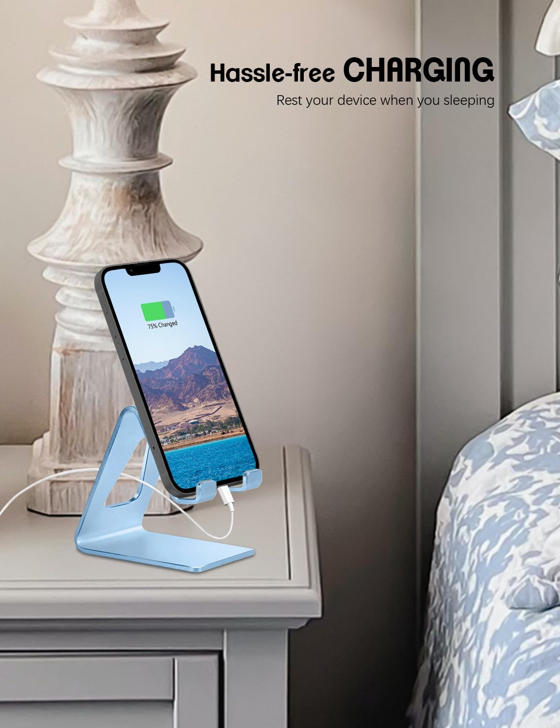 Aoviho Desk Cell Phone Stand - Aluminum Phone Holder Cradle Dock for iPhone 17 16 15 13 12 Pro Max 6s Plus SE 5 5s Samsung Galaxy S10 S9 S8 S7 Note 9 8 and All 4-10 Inch Smartphones - Sky Blue