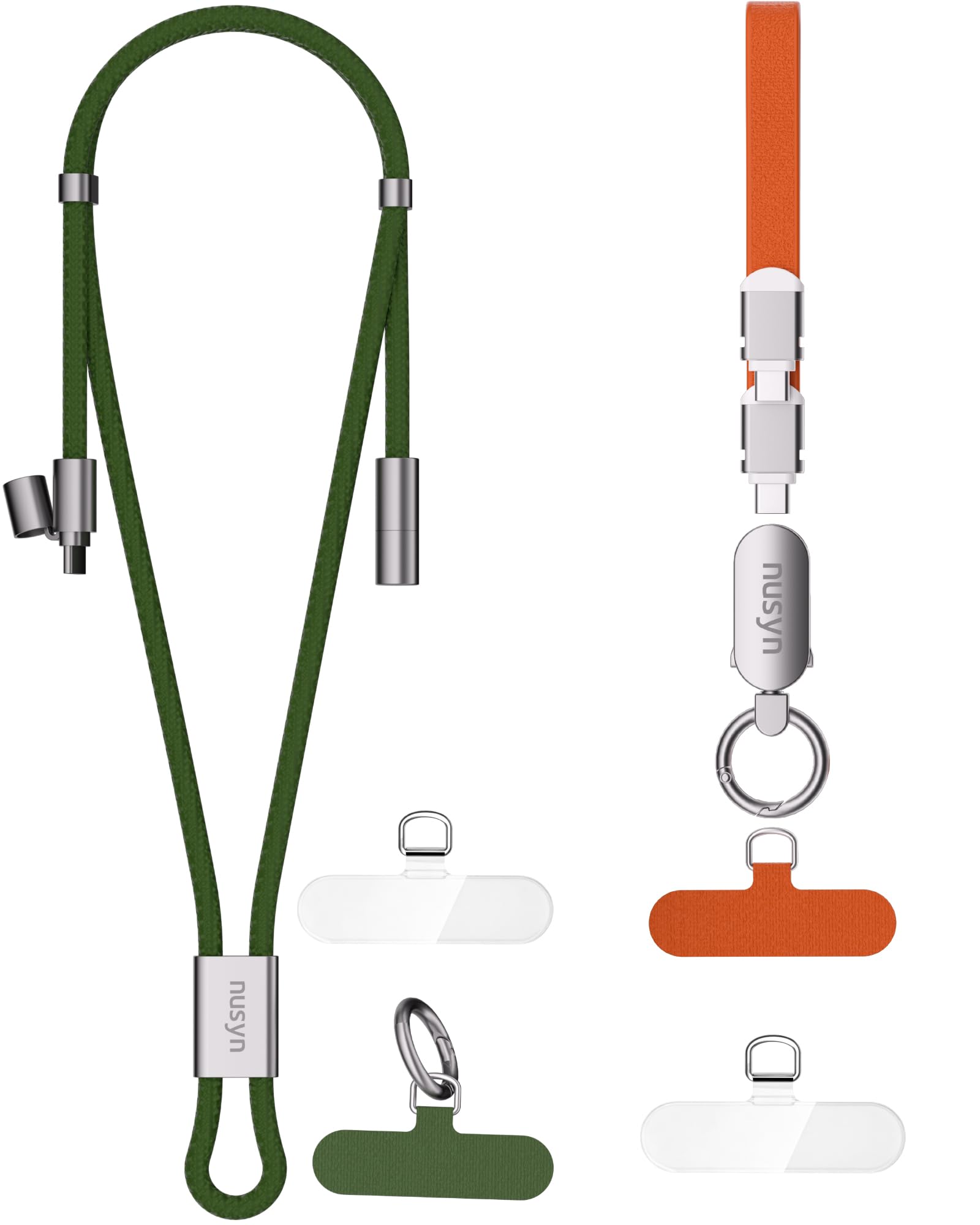 nusyn 2 Pack Phone Lanyard,0.98FT lanyard with C to C PD 240W Charging Cable, Plus Adjustable 4.92FT Neck Strap with C to C PD 60W Charging Cable for Daily & Outdoor (0.98FT Orange/4.92FT green