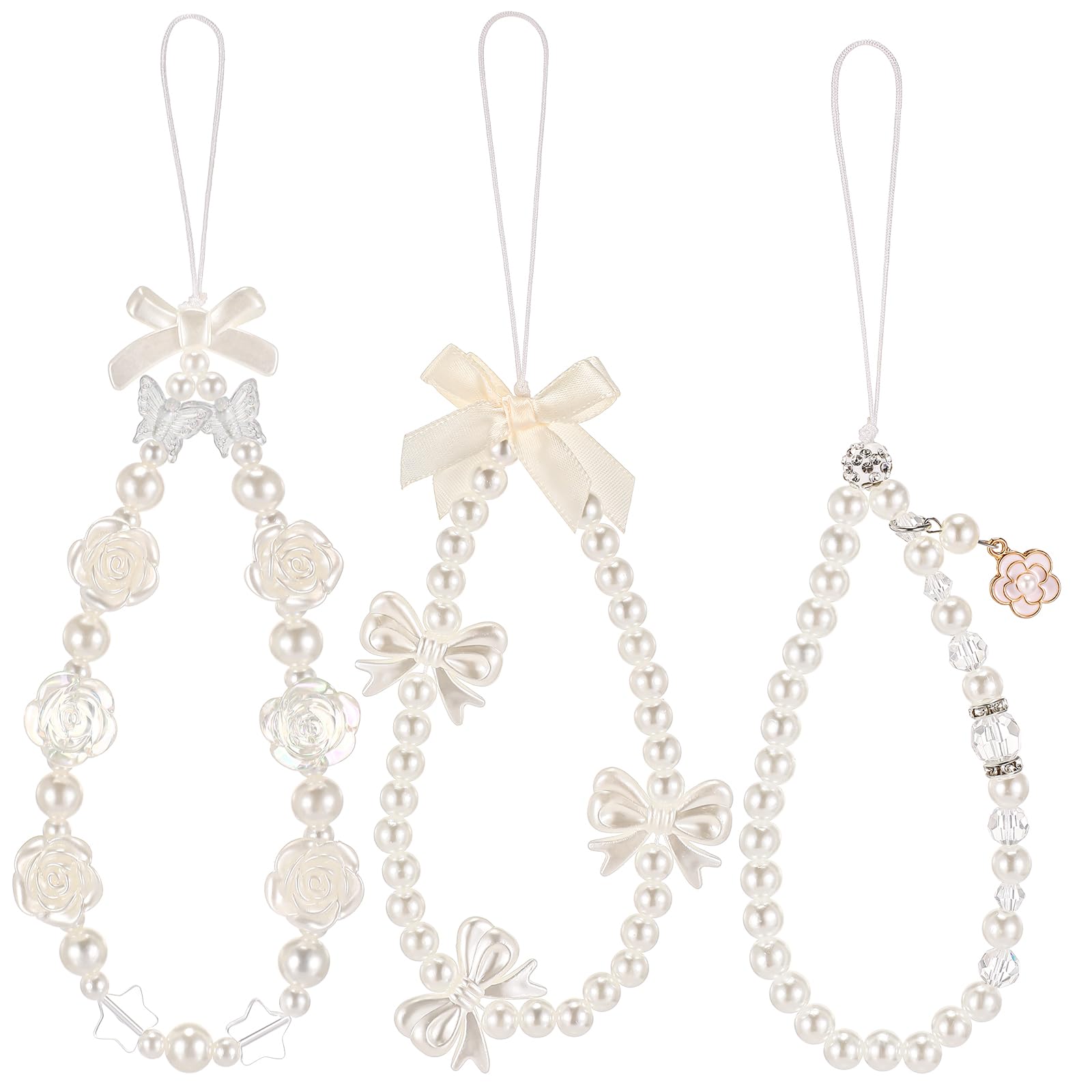 Ecally 3 Pcs Phone Charms Strap Camera Charm Strap Pearl Beaded Butterfly Bow Flower Cute Phone Wrist Lanyard Bracelet for Camera Keychain Wallet Decor Back to School Gifts(Elegant,White)