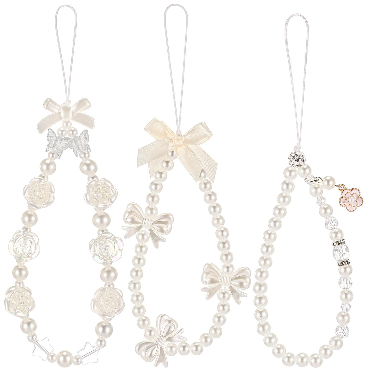 Ecally 3 Pcs Phone Charms Strap Camera Charm Strap Pearl Beaded Butterfly Bow Flower Cute Phone Wrist Lanyard Bracelet for Camera Keychain Wallet Decor Back to School Gifts(Elegant,White)
