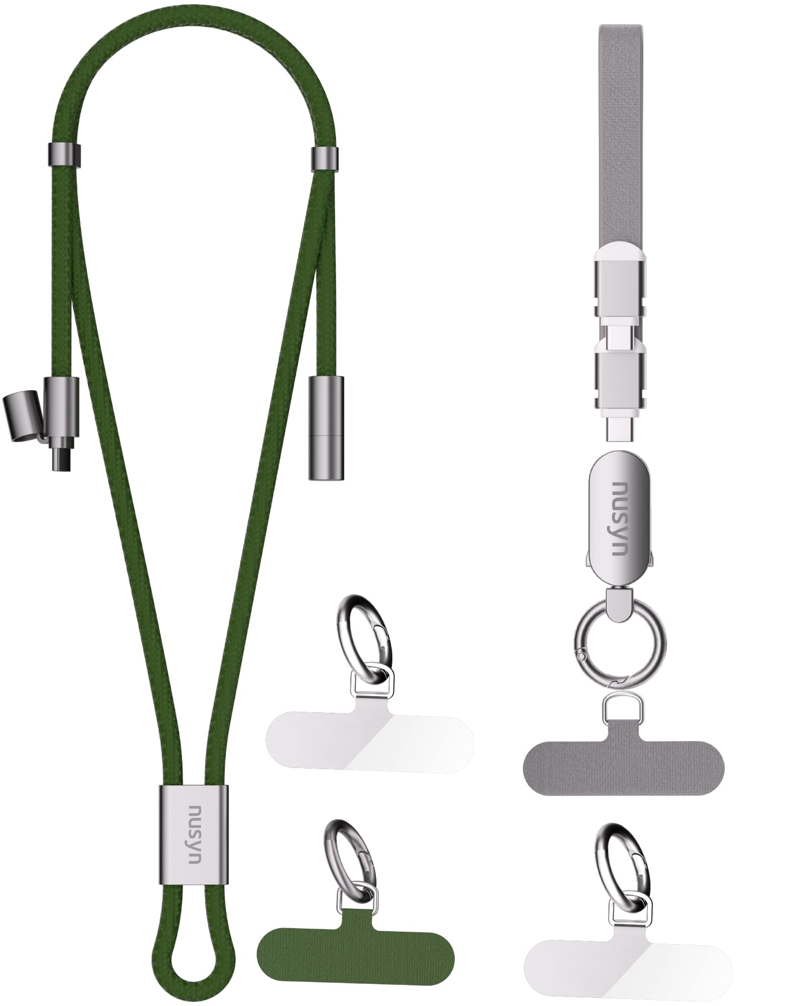 nusyn 2 Pack Phone Lanyard, 0.98FT Lanyard with C to C PD 240W Charging Cable, Plus Adjustable 4.92FT Neck Strap with C to C PD 60W Charging Cable for Daily & Outdoor (0.98FT Gray/4.92FT Green)