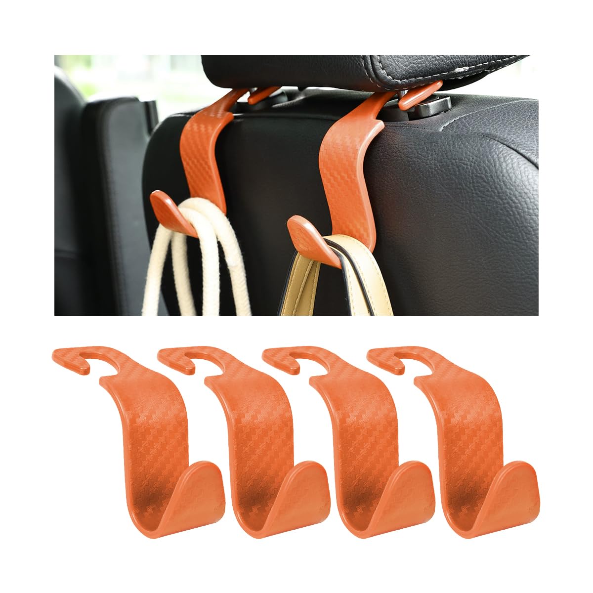 Hanemia 4PCS Car Seat Headrest Hooks, Auto Back Seat Hanger Holder, Durable Stylish Vehicle Organizer Universal Car Interior Accessories, Storage Hooks for Purses, Bags, Clothes (Carbon Fiber/Orange)