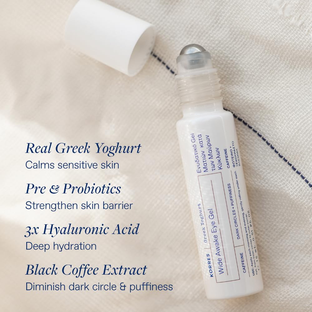KORRES Greek Yoghurt Wide Awake Eye Gel Serum – Brightening Eye Roller with Hyaluronic Acid & Caffeine for Dark Circles & Puffiness (0.51 fl oz)