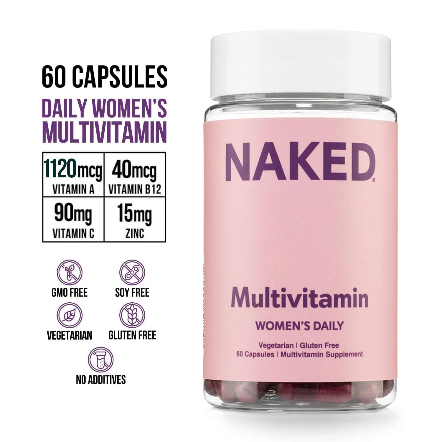 NAKED Nutrition Women's Multi - Daily Multivitamin - Vitamins A, C, E, Selenium, Zinc, Fruit and Super Green Extracts, to Boost Immune Support - Gluten-Free and Vegetarian Vitamins, 60 Capsules