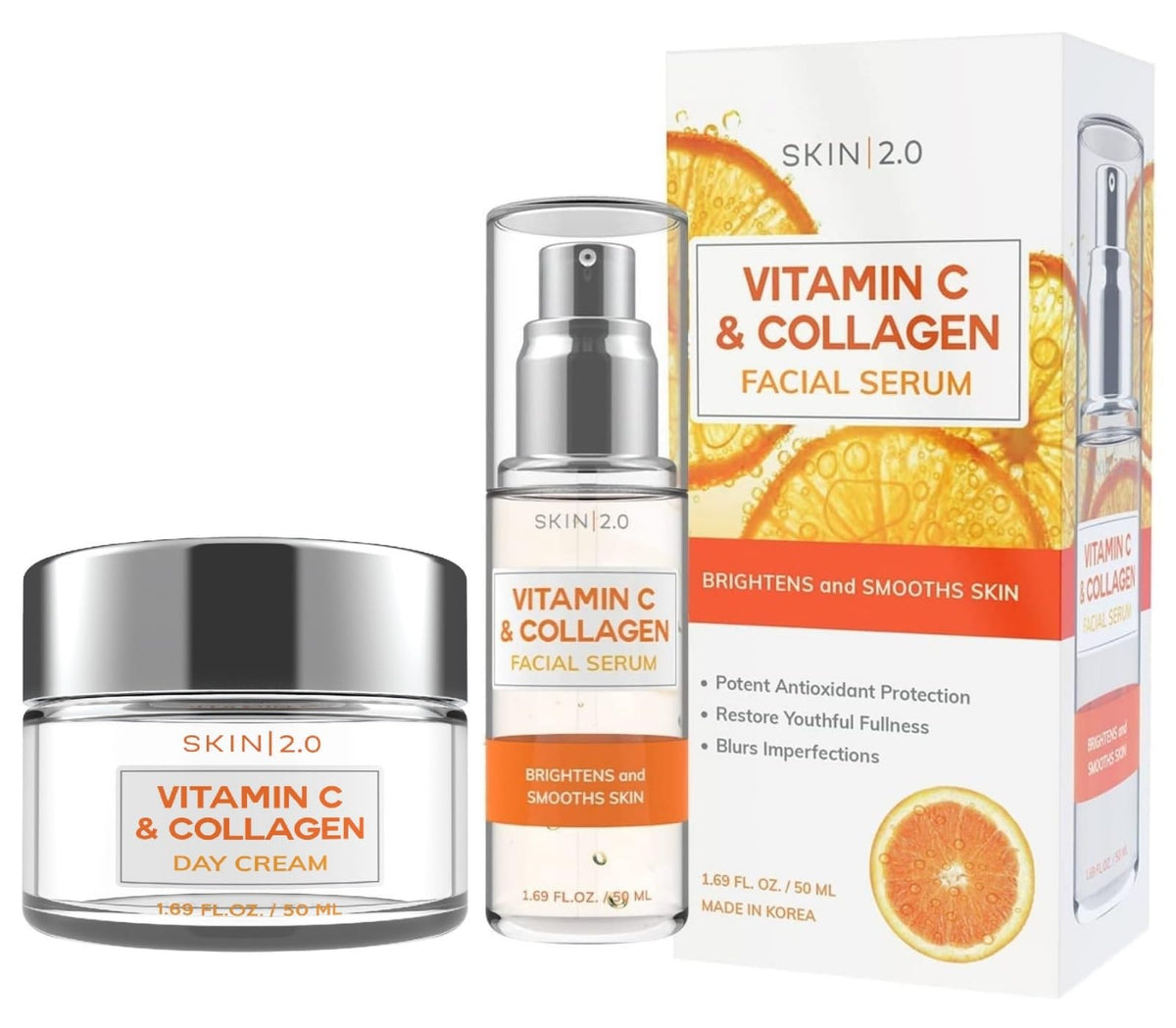 Skin 2.0 Vitamin C & Collagen Serum & Day Cream Set - Anti-Aging, Dark Spot Remover & Brightening - Dermatologist Tested Korean Skincare - Clean Beauty, Cruelty-Free, All Skin Types - 1.69 Fl. oz