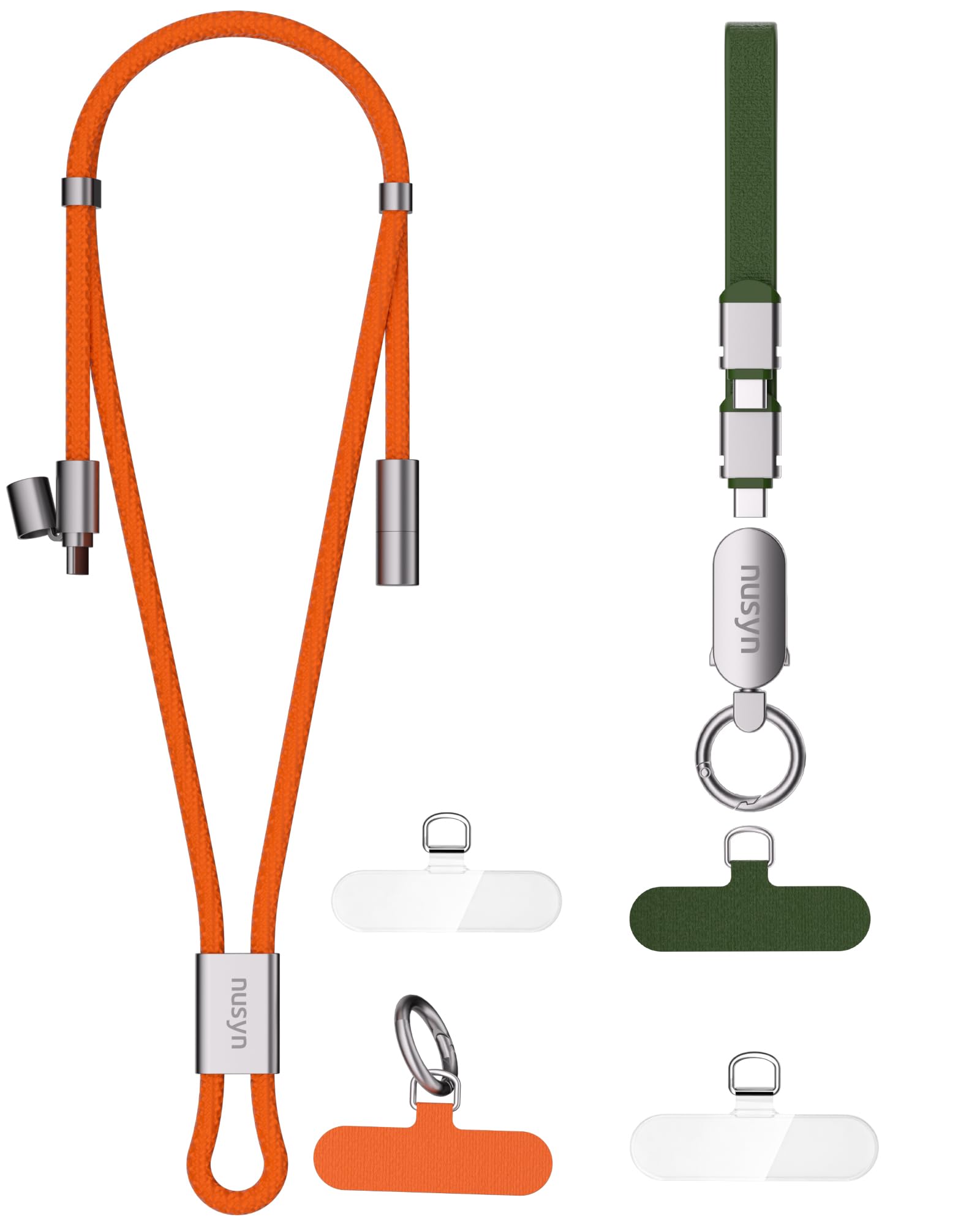 nusyn 2 Pack Phone Lanyard, 0.98FT Lanyard with C to C PD 240W Charging Cable, Plus Adjustable 4.92FT Neck Strap with C to C PD 60W Charging Cable for Daily & Outdoor(0.98FT Green/4.92FT Orange)