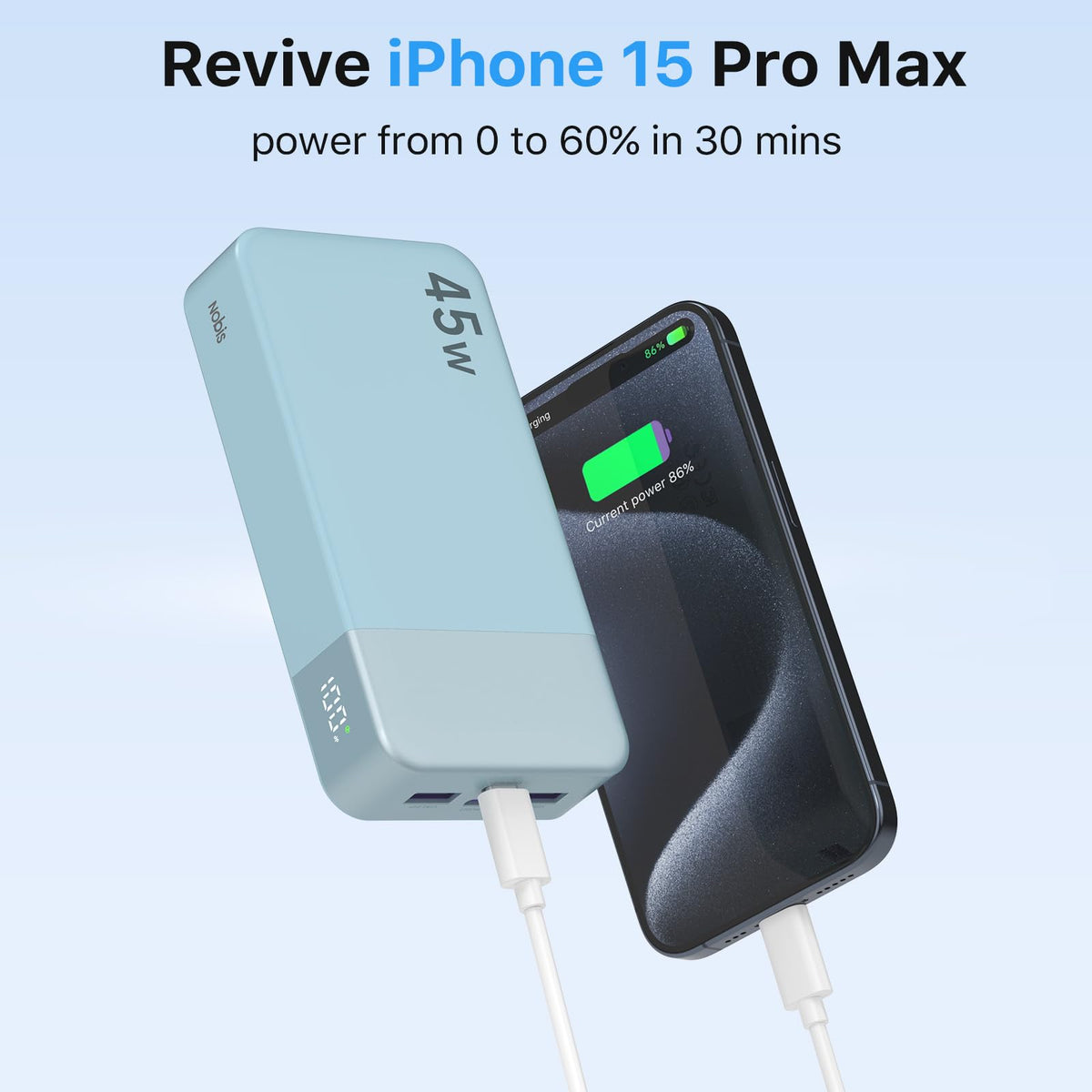 NOBIS Portable Charger, 20000mAh Power Bank, 45W Power Bank Fast Charging, Battery Pack with C to C Cable, Battery Bank with Digital Display for iPhone Android Laptop et(Light Blue)