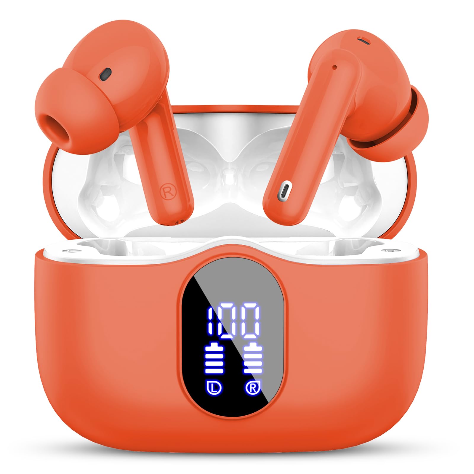 Wireless Earbuds, Bluetooth 5.4 Headphones Bass Stereo, Ear Buds with Noise Cancelling Mic, LED Display in Ear Earphones Clear Calls, IP7 Waterproof Bluetooth Earbuds for Laptop/Phones/Sports, Orange