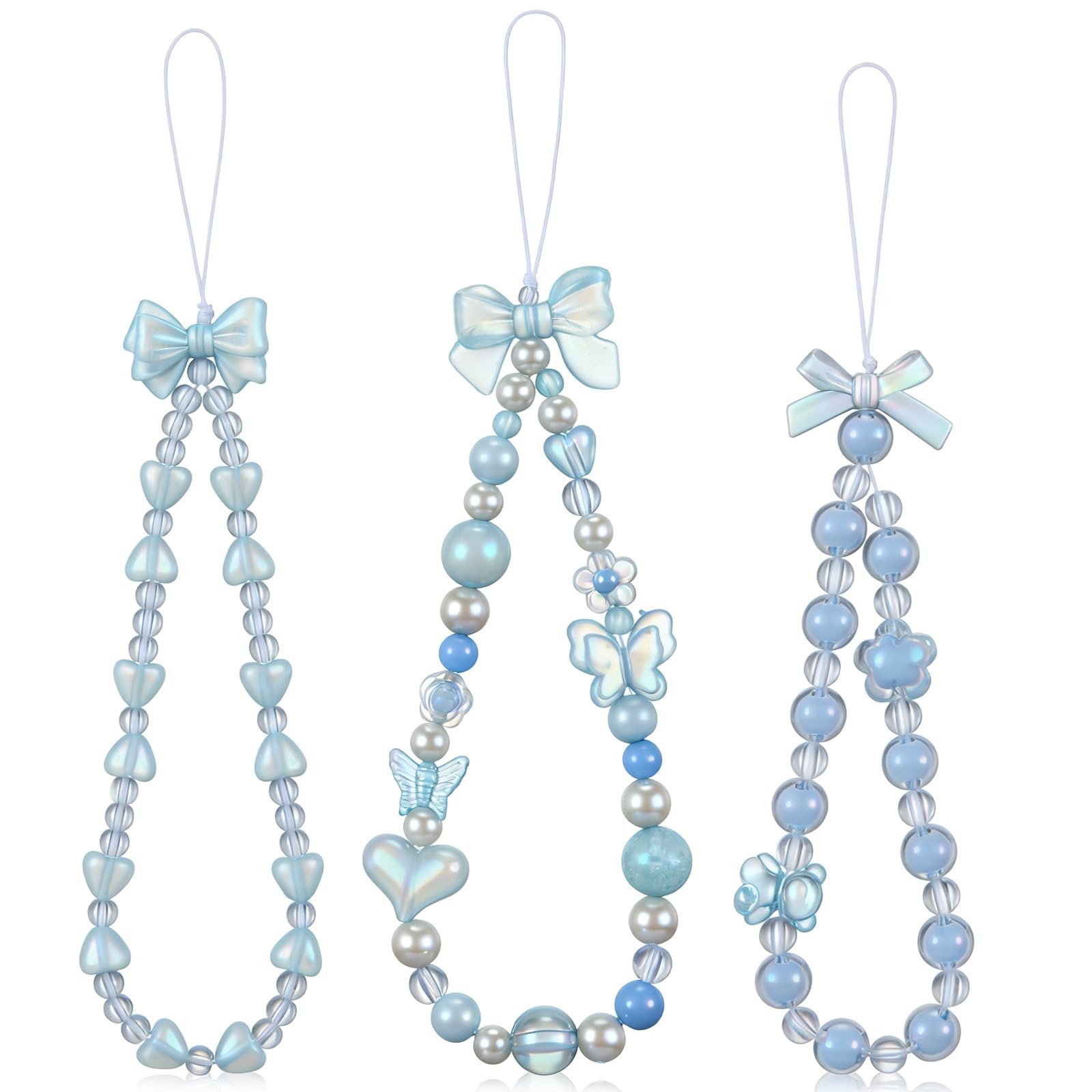 Ecally 3 Pcs Phone Charms Strap Camera Charm Strap Pearl Beaded Butterfly Bow Flower Cute Phone Wrist Lanyard Bracelet for Camera Keychain Wallet Decor Back to School Gifts(Simple,Blue)
