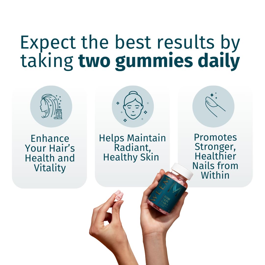 WEEM Hair Skin and Nails Gummies - Supports Healthy Hair - Vegan biotin Vitamins for Women & Men Supports Faster Hair Growth, Stronger Nails, Healthy Skin, Extra Strength (3)