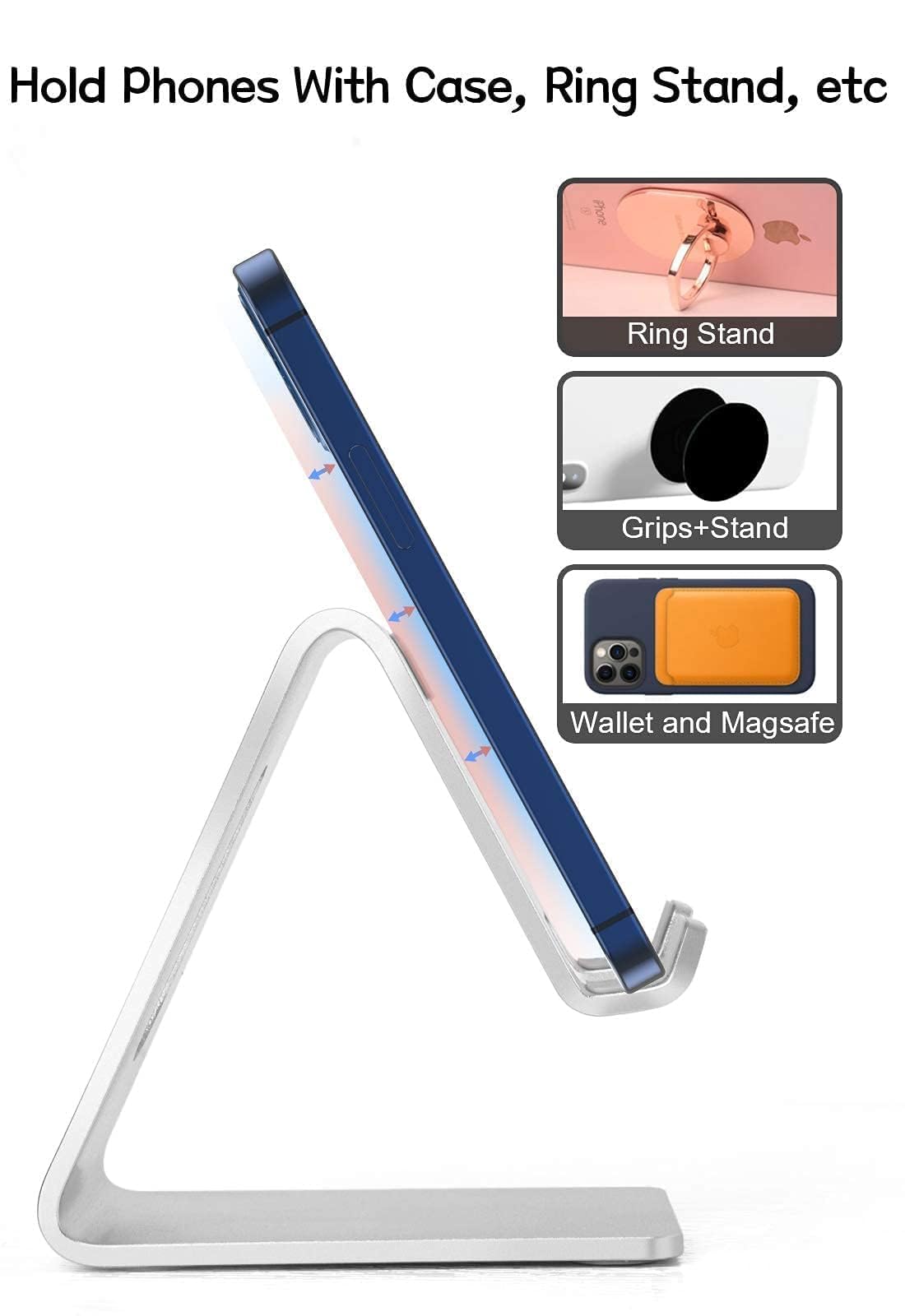 Aoviho Cell Phone Stand for Desk, Desktop Phone Holder, Aluminum Mobile Phone Stand for iPhone 15 14 13 12 pro Mini 11 X Xr Xs max 8 7 6 6s Plus Samsung Galaxy S21 Ultra All Smart Phones,Silver