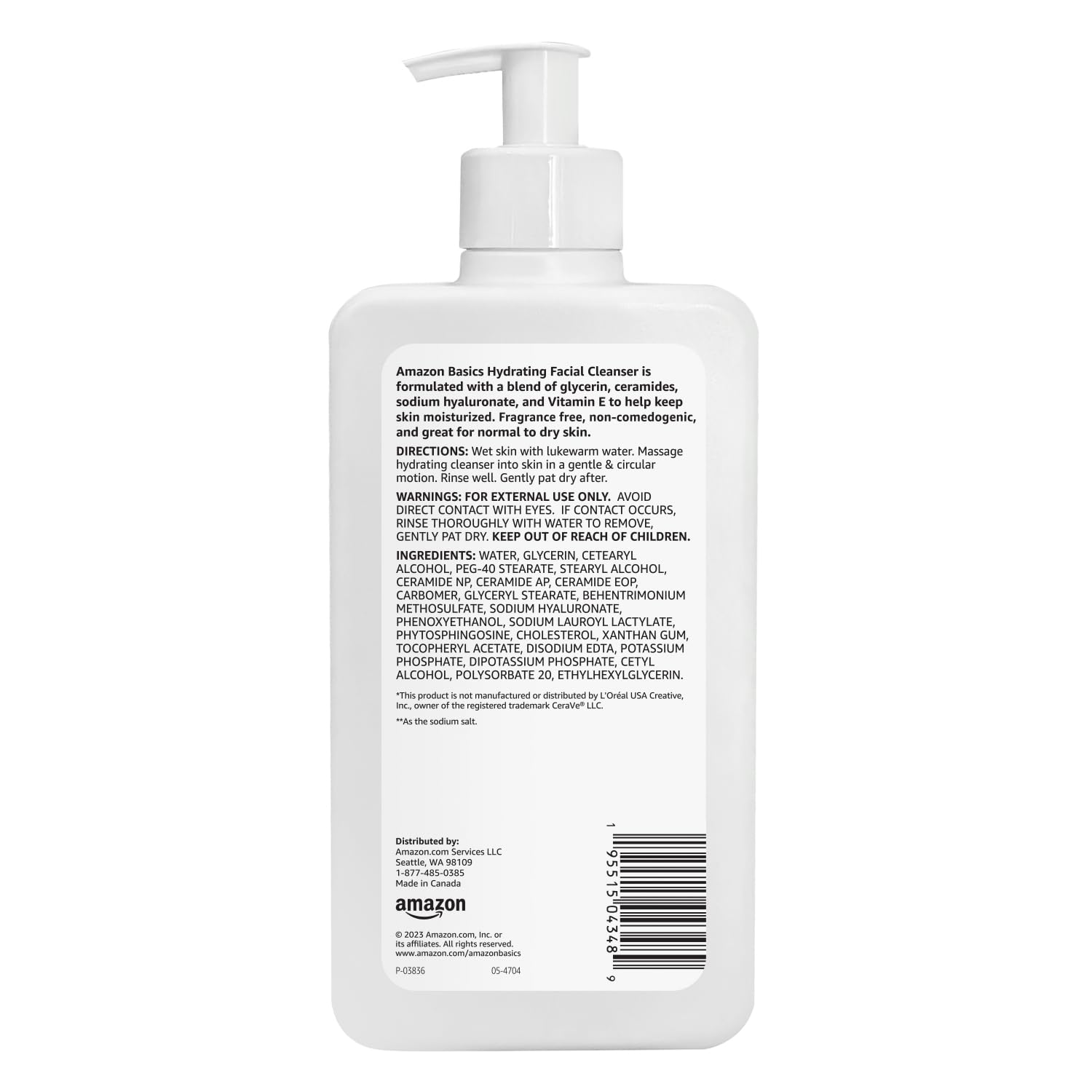 Amazon Basics Hydrating Facial Cleanser, Fragrance Free, with Ceramides, Non-Comedogenic, 12 Fl Oz, Pack of 1