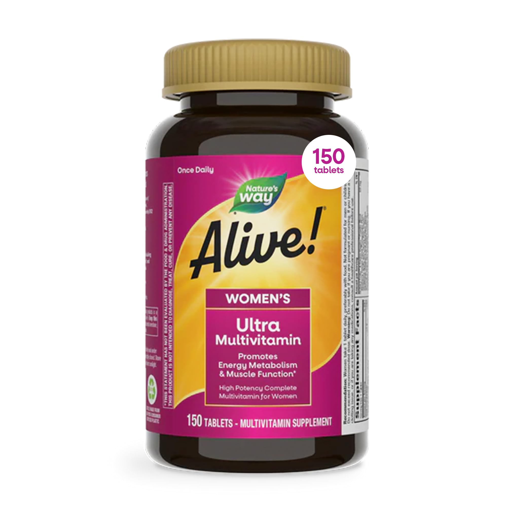 Nature's Way Alive! Ultra Multivitamin for Women, Complete Daily Women's Vitamins, High Potency Formula, Promotes Energy Metabolism and Muscle Function*, Vitamin A, C, D, Methylated B12, 150 Tablets