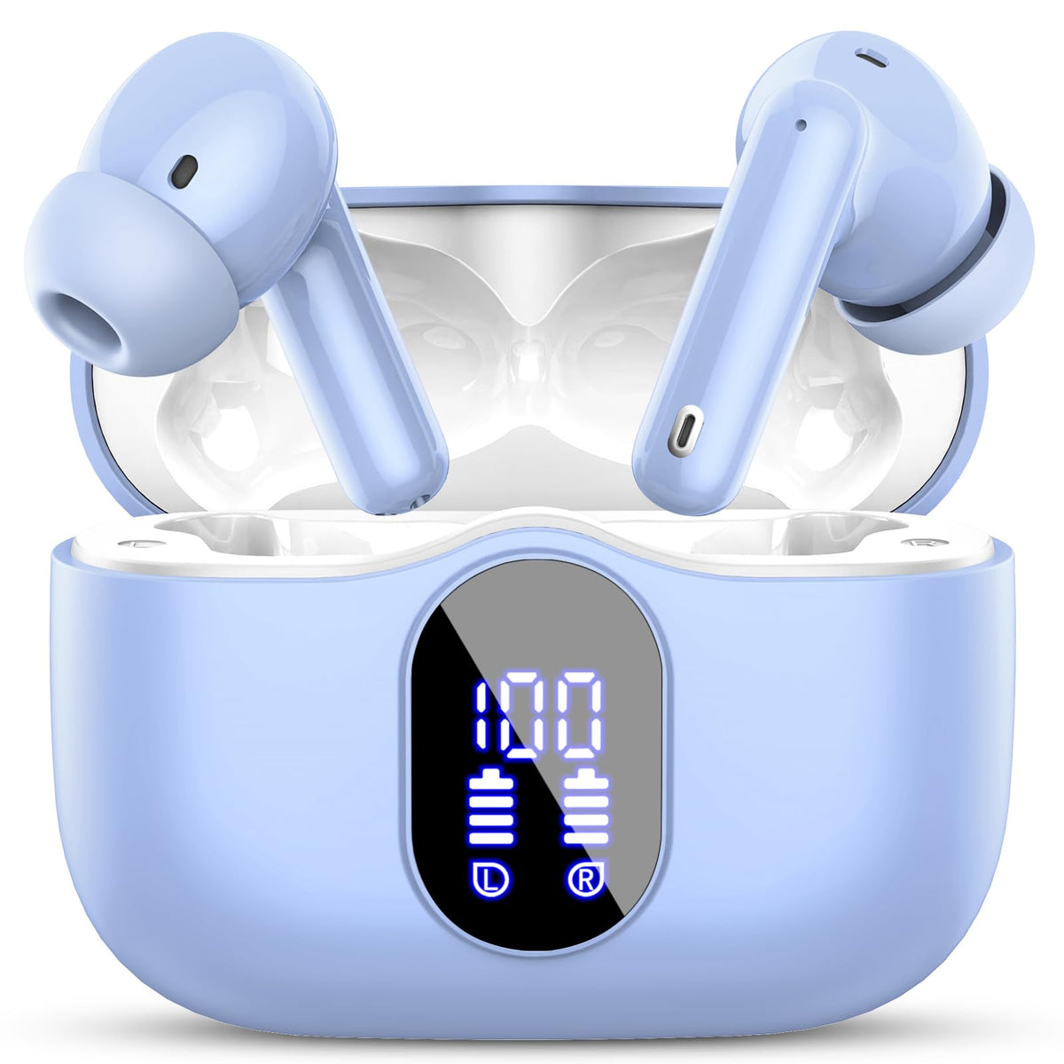 Wireless Earbuds, Bluetooth 5.4 Headphones Bass Stereo, Ear Buds with Noise Cancelling Mic, LED Display in Ear Earphones Clear Calls, IP7 Waterproof Bluetooth Earbuds for Laptop/Phones, Pale Blue