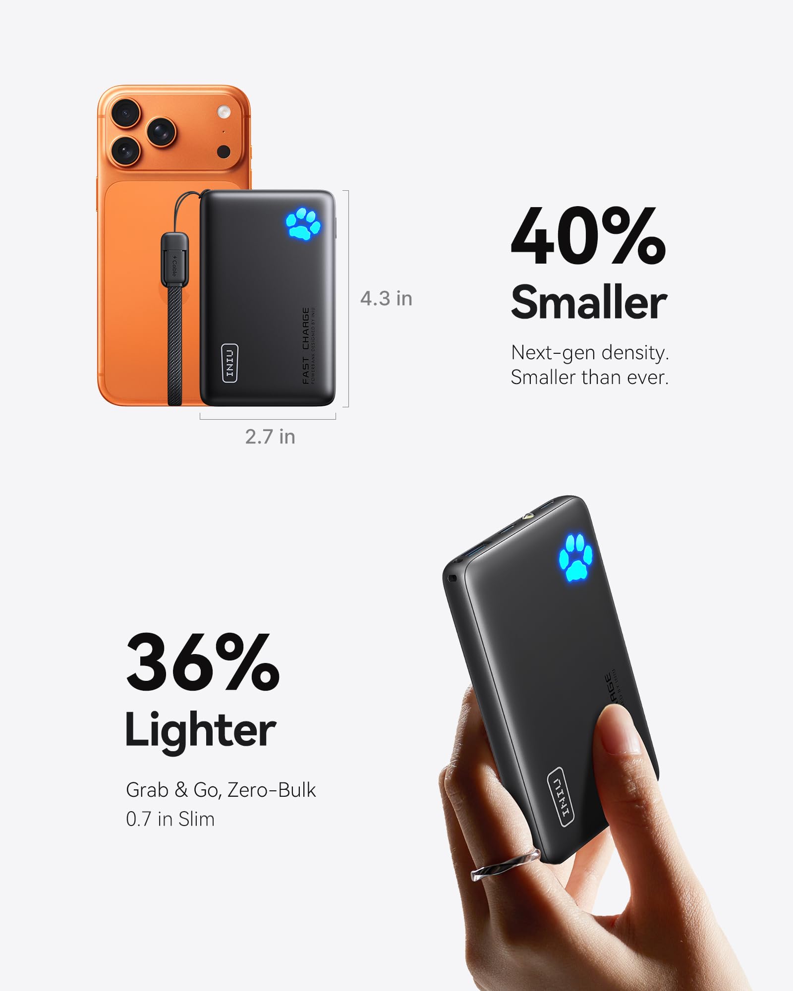INIU 45W Fast Charging Portable Charger, 40% Smaller 10000mAh with Detachable Cable, Flight-Safe Travel Power Bank, USB C External Phone Battery Pack for iPhone 17 16 Pro iPad Samsung S26 Google etc