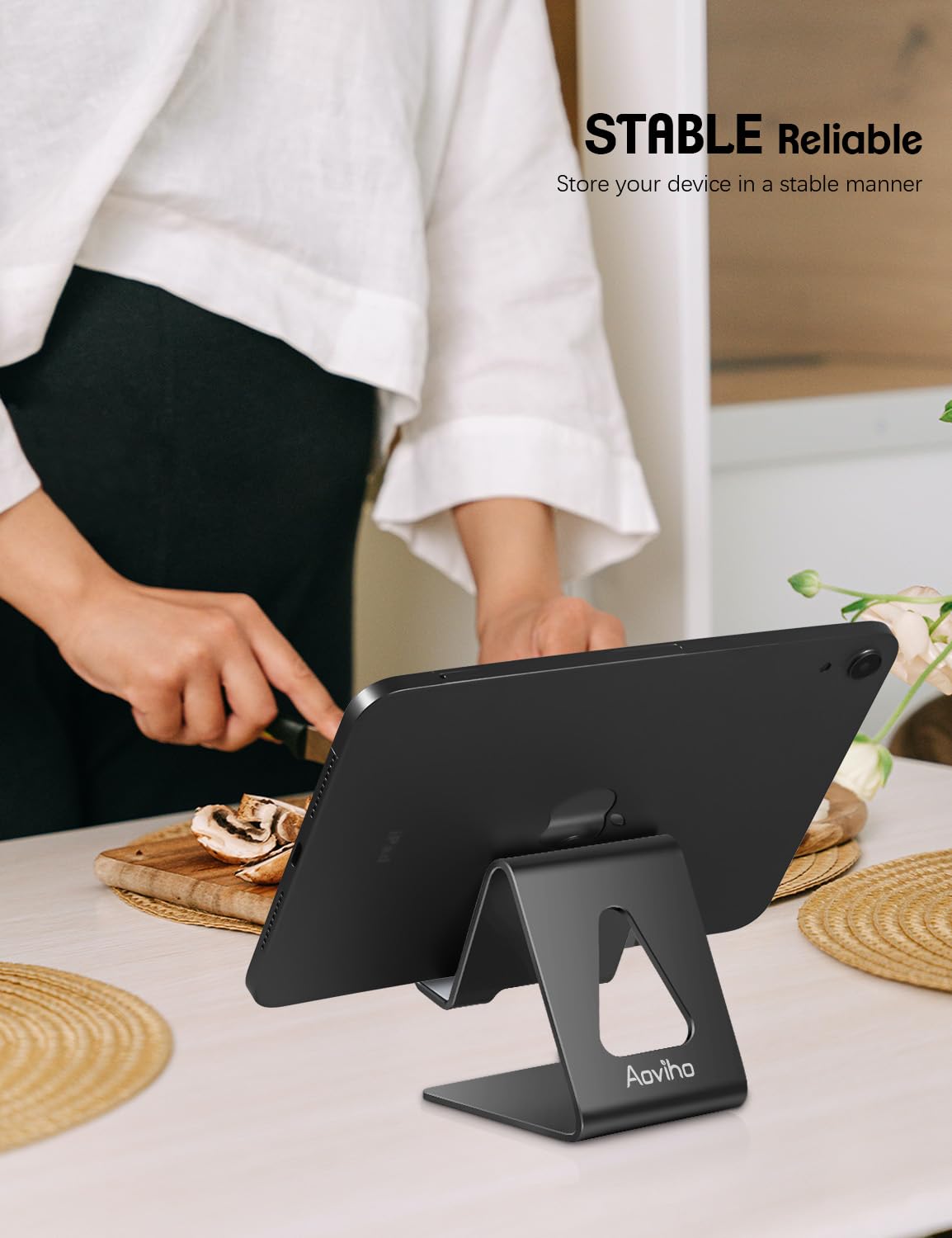 Aoviho Cell Phone Stand for Desk, Aluminum Phone Holder for iPhone 17 16 15 Pro Max, Samsung Galaxy, Stable Office Desk Accessories,Hands Free Stand for Office Home, Black