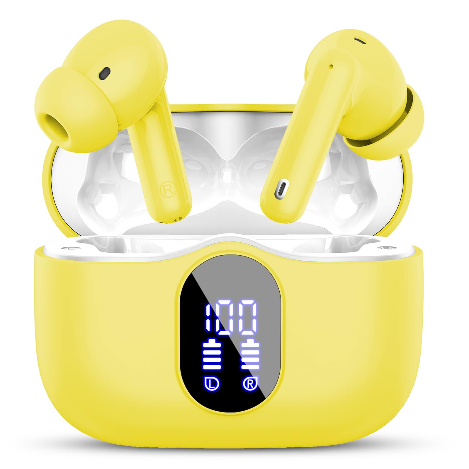 Wireless Earbuds, Bluetooth 5.4 Headphones Bass Stereo, Ear Buds with Noise Cancelling Mic, LED Display in Ear Earphones Clear Calls, IP7 Waterproof Bluetooth Earbuds for Laptop/Phones/Sports, Yellow