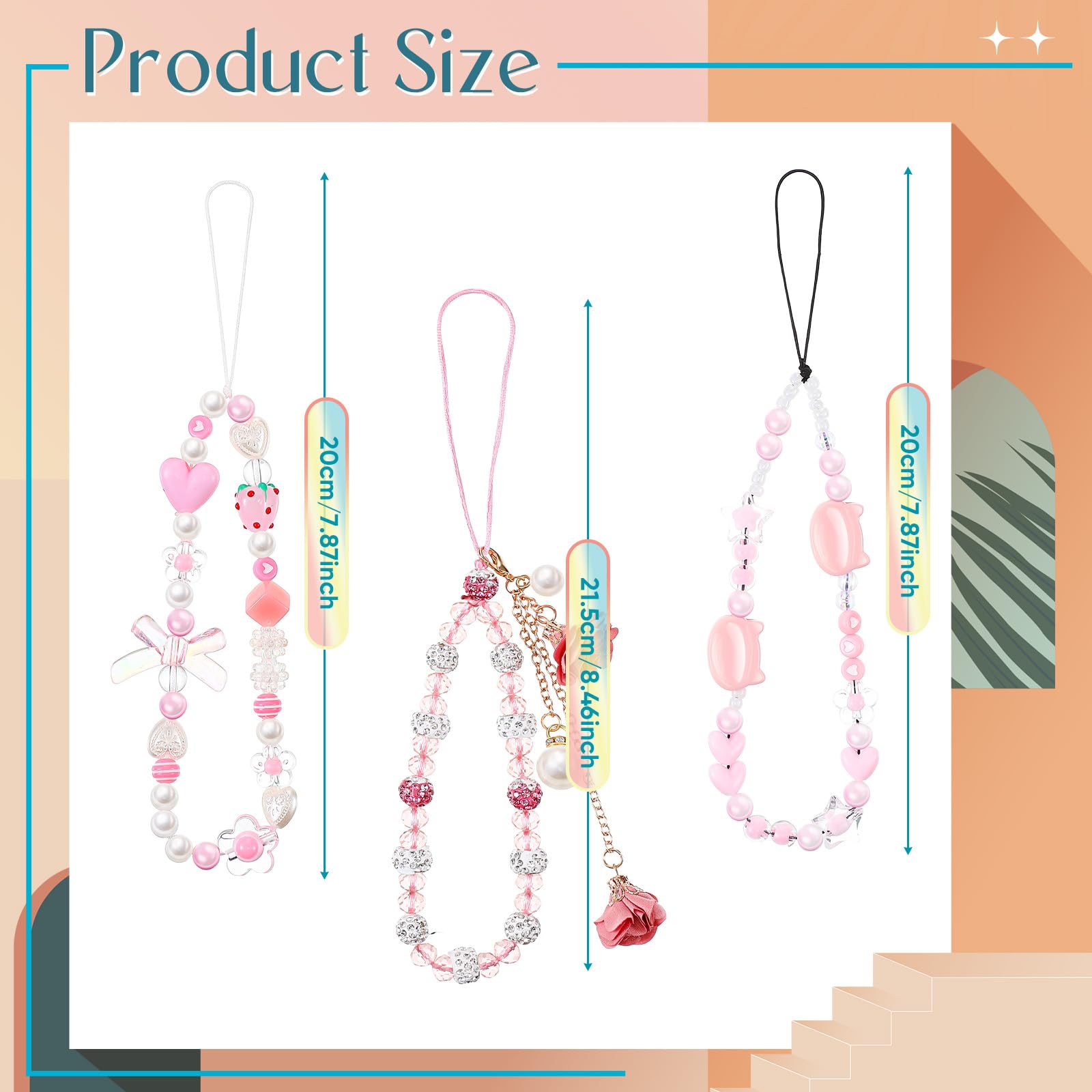 Ecally 3 Pcs Phone Charms Strap Camera Charm Strap Pearl Beaded Butterfly Bow Flower Cute Phone Wrist Lanyard Bracelet for Camera Keychain Wallet Decor Back to School Gifts(Cute,Pink)
