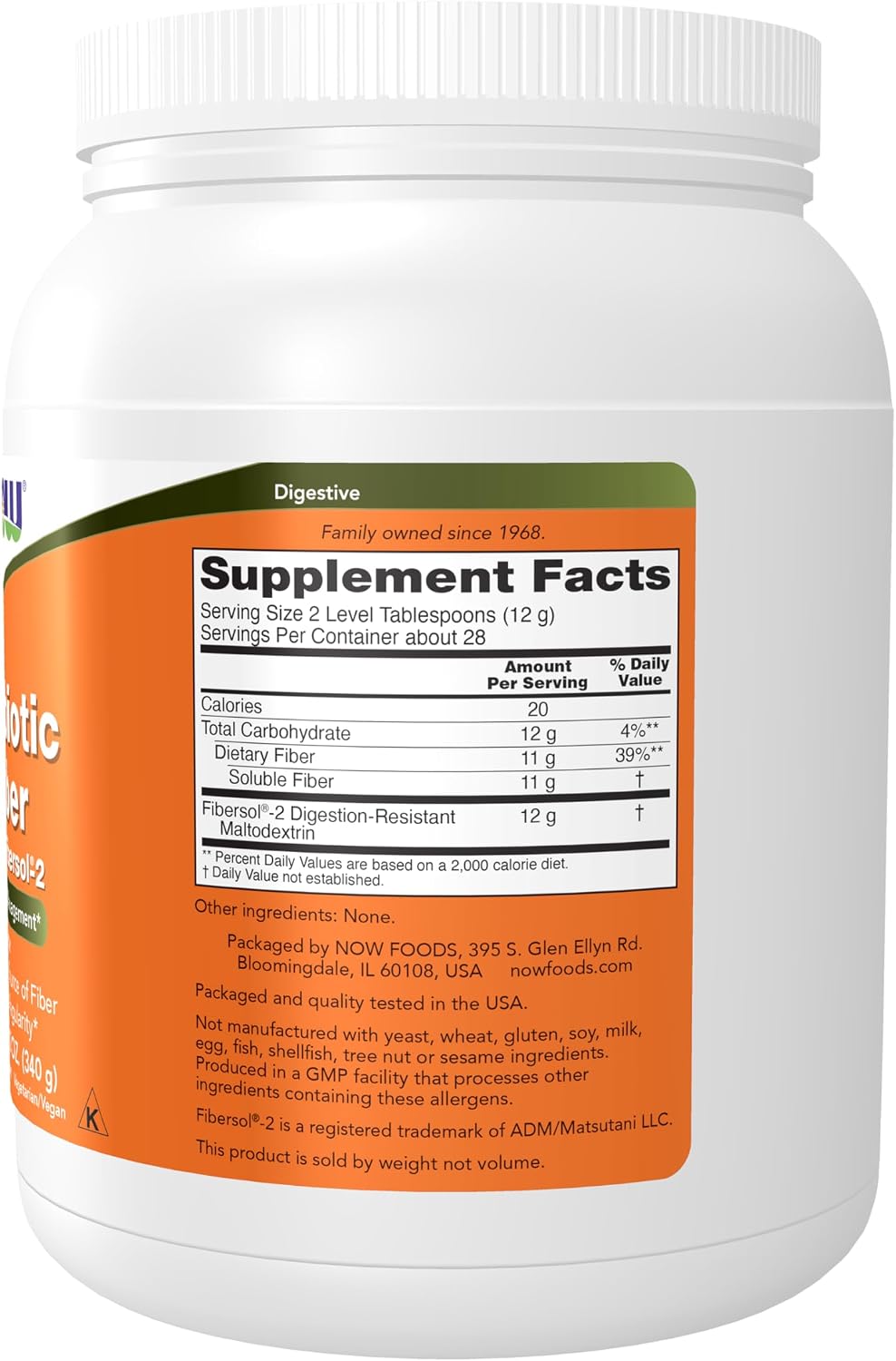 NOW Foods Supplements, Prebiotic Fiber with Fibersol-2, derived from Non-GMO corn, Powder, 12-Ounce