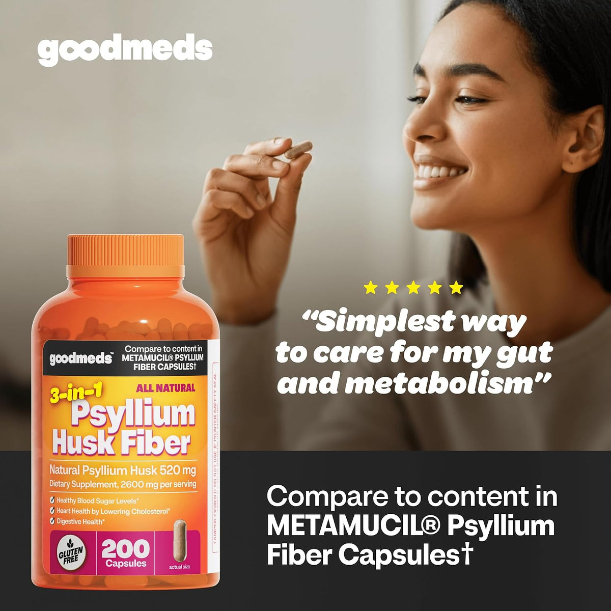 Psyllium Husk Fiber 520mg Capsules Supplement Soluble Dietary Colon Support for Women and Men, Restore Digestive Regularity and Balance (200 Count)
