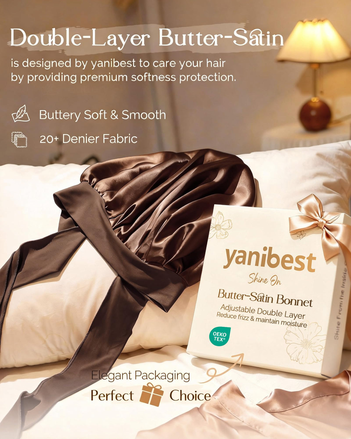 YANIBEST Adjustable Satin Bonnet for Sleeping Women Double Layer Hair Wrap Reduce Friction Prevent Frizz Natural Curly Hair, Brown