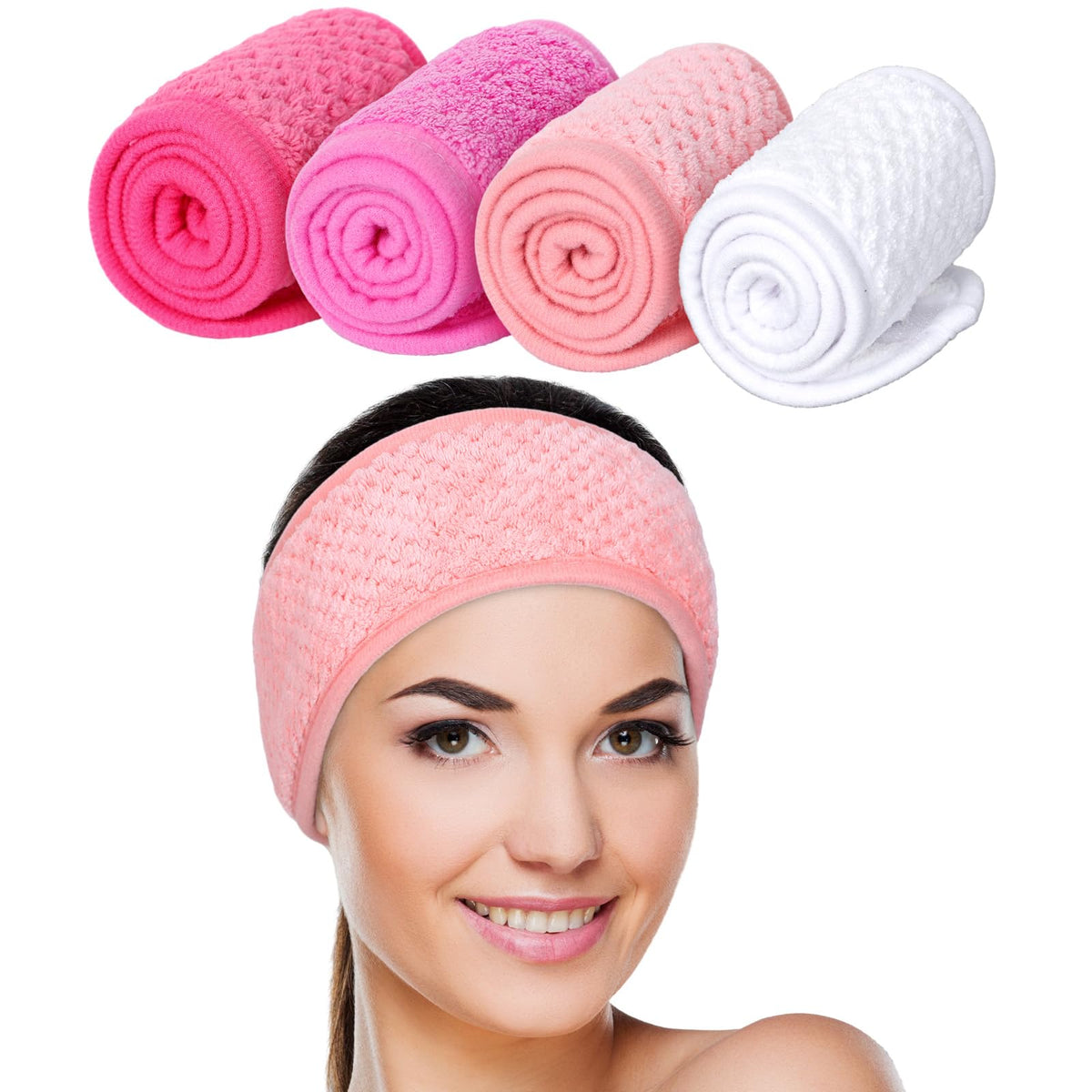 Whaline 4 Pack Spa Facial Headband, Adjustable, 4 White Pink Colors
