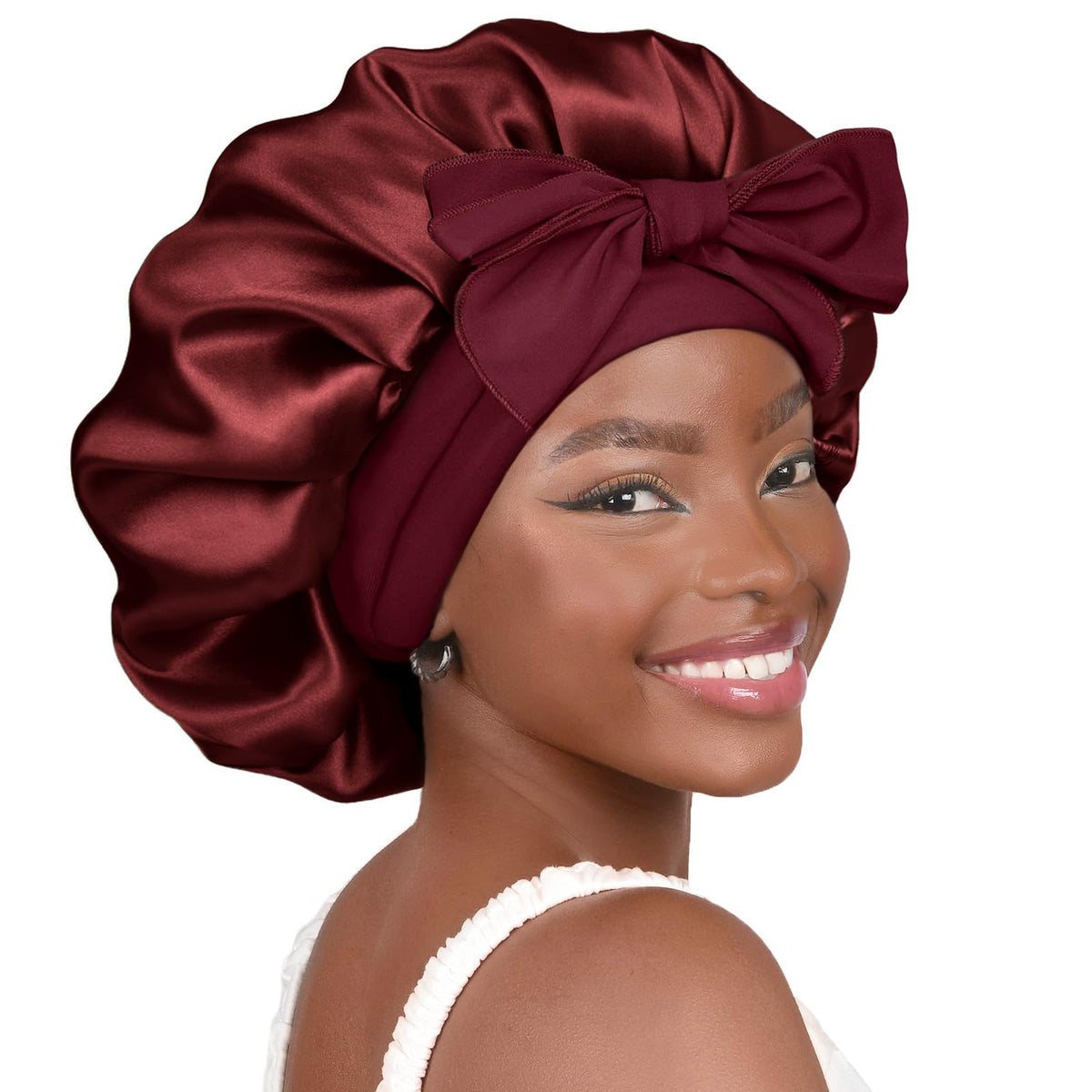 YANIBEST Adjustable Satin Bonnet for Sleeping Women Double Layer Hair Wrap Reduce Friction Prevent Frizz Natural Curly Hair, Burgundy
