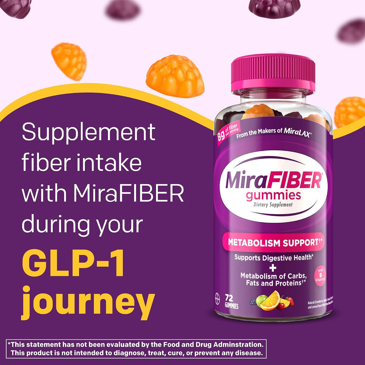 MiraFIBER Gummies, from The Makers of MiraLAX, 8g Per Serving, with B Vitamins, Metabolism Support, Gut Health for Men & Women, Prebiotic Fiber Gummies for Adults, Mixed Fruit Flavor 72Ct