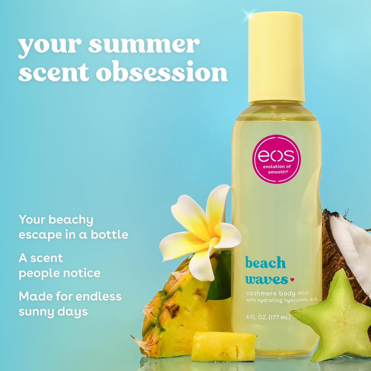 eos Cashmere Body Mist, Beach Waves, Coconut & Ocean Breeze, Hair & Body Mist for Women, Body Spray, Moisturizing, Hyaluronic Acid, Long-Lasting Fragrance, Vegan, Cruelty-free, 6 fl oz