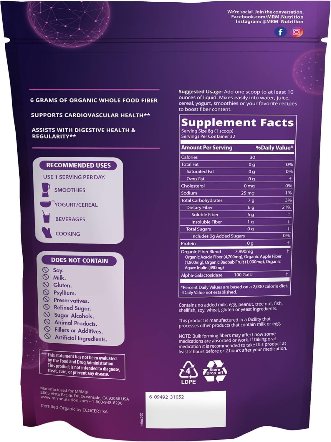 MRM Whole Food Organic Fiber with Enzymes & Prebiotics - 32 Servings