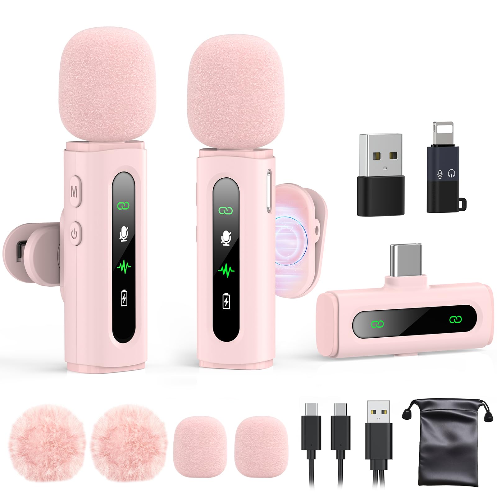 USB C Lavalier Microphone Wireless Mini Mic for Type-C Android Phone/Tablet/PC Video Recording Clip-on Mics with Rotatable Clip&Denoise Recording, Ideal for Vlog Tiktok Youtube Content Creator, Pink