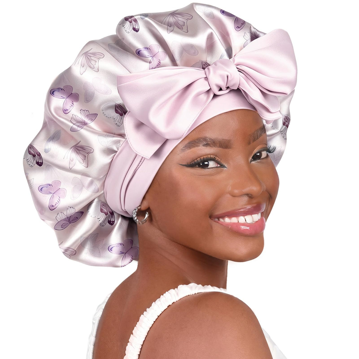 YANIBEST Adjustable Satin Bonnet for Sleeping Women Double Layer Hair Wrap Reduce Friction Prevent Frizz Natural Curly Hair, Butterfly