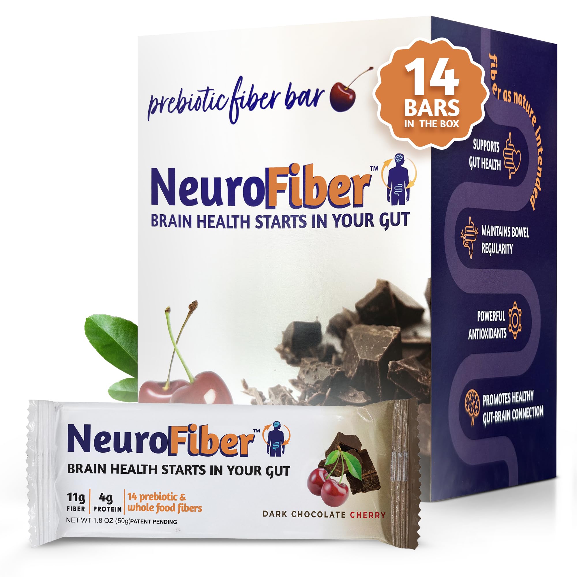 NeuroFiber Prebiotic High Fiber Bars – Gut Health, Bowel Regularity & Brain Function Support – Plant-Based, Gluten Free, Vegan (Dark Chocolate Cherry)