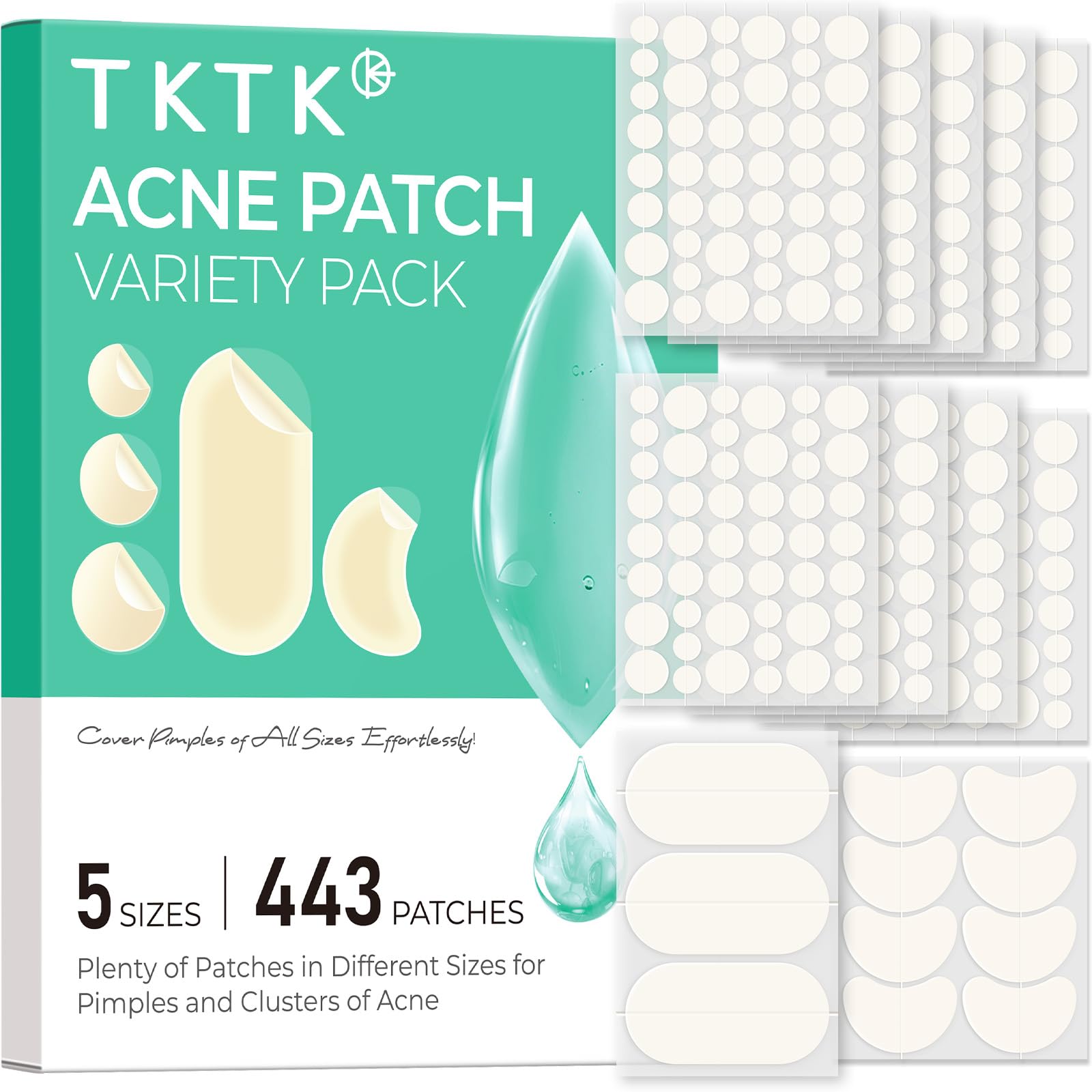 TKTK 443 Count Pimple Patches for Face, Hydrocolloid Acne Patch Bulk, Acne Stickers for Covering Cheeks, Forehead, Chin Blemishes Zit Breakouts for All Skin Types (Dots, Strip, Contoured 5 Sizes)