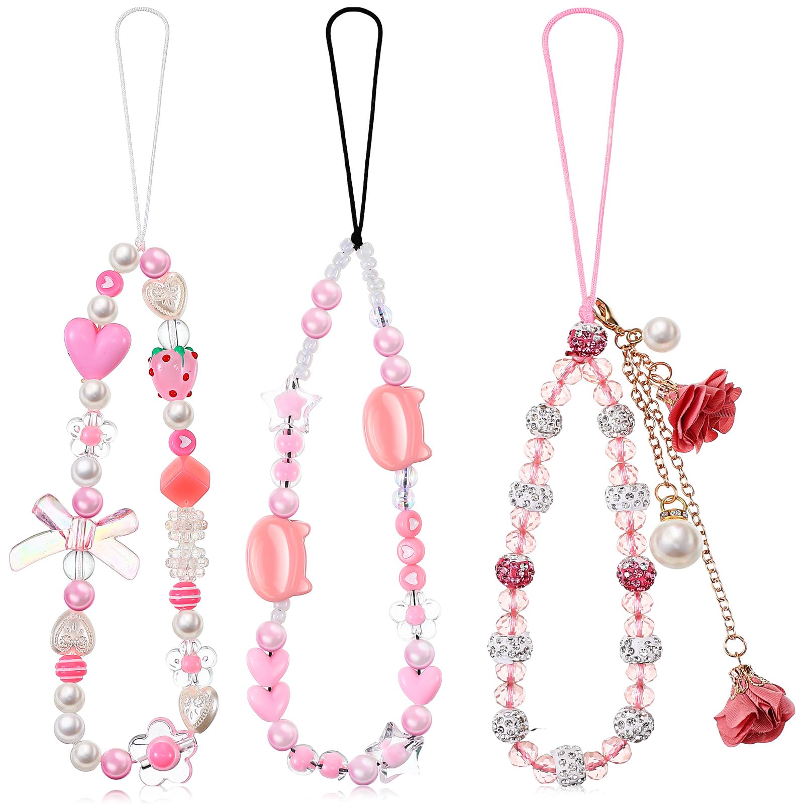 Ecally 3 Pcs Phone Charms Strap Camera Charm Strap Pearl Beaded Butterfly Bow Flower Cute Phone Wrist Lanyard Bracelet for Camera Keychain Wallet Decor Back to School Gifts(Cute,Pink)